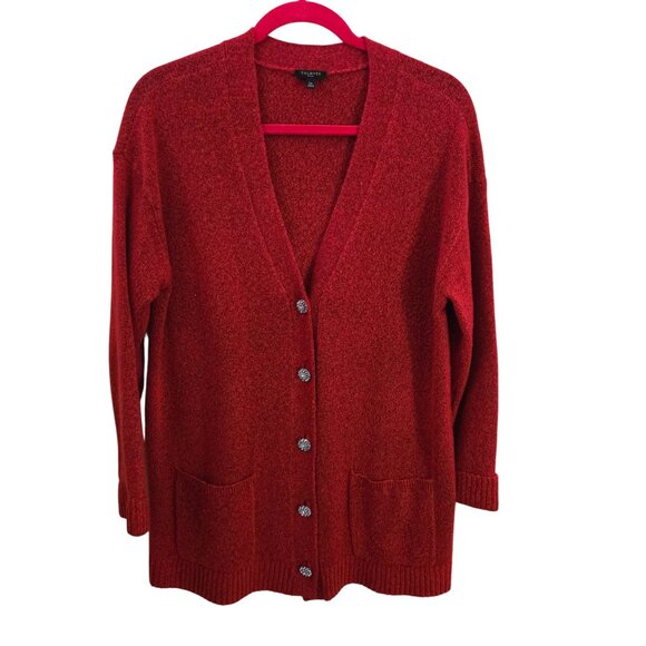 Talbots NWOT Jewel Button Cardigan V Neck Red Pockets Size Lp - Picture 2 of 10